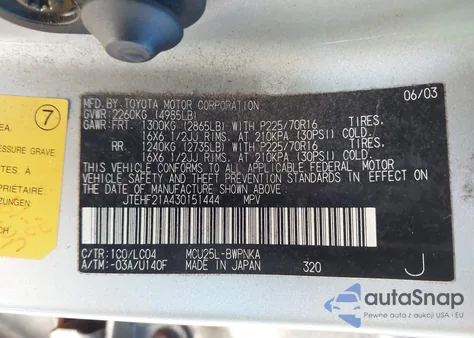 2003 Toyota Highlander Limited V6 из США, поврежденный, VIN JTEHF21A430151444